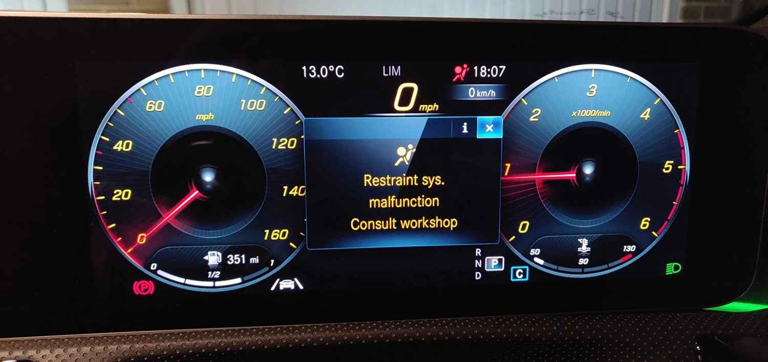 Audi passenger restraint system malfunction warning displayed on the instrument panel