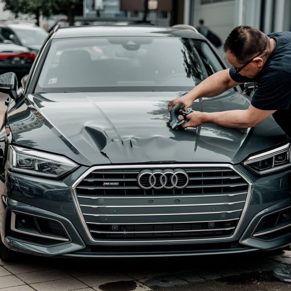 Audi body panel inspected under line lighting for paintless dent repair