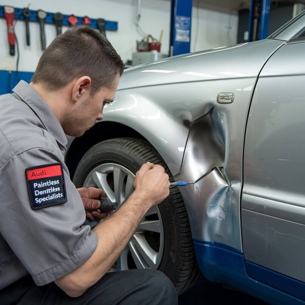 Audi dent repair area reviewed after paintless dent removal work