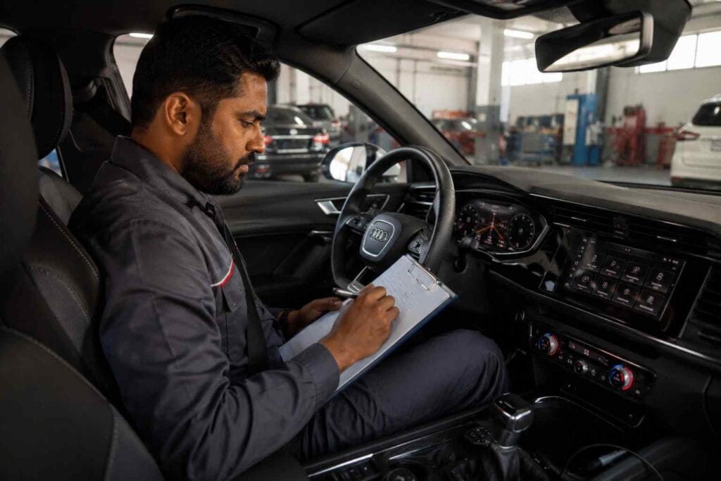 Professional automotive technician conducting a post-service road test in an Audi while documenting vehicle performance and monitoring live driving data in natural daylight.