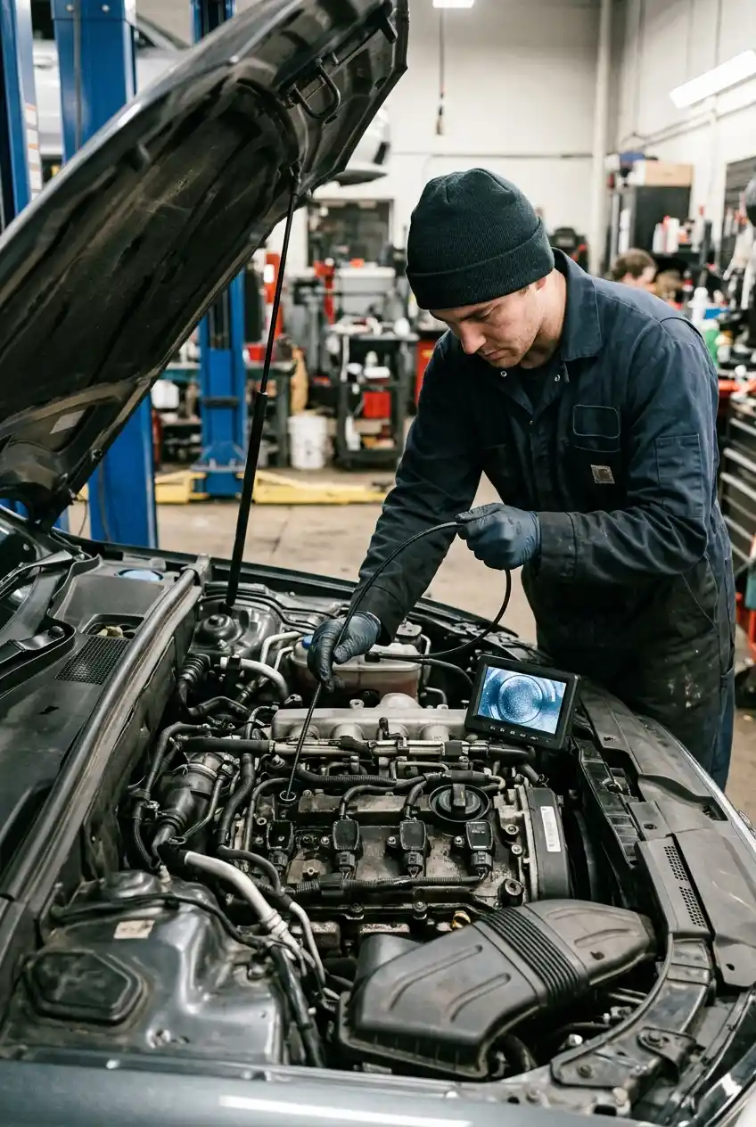 Technician inserting a digital borescope through an Audi engine spark-plug opening to inspect internal condition