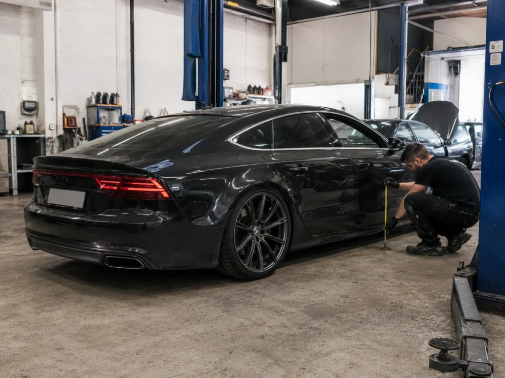 Mechanic measuring Audi A7 ride height to diagnose one side sitting low from an air suspension problem