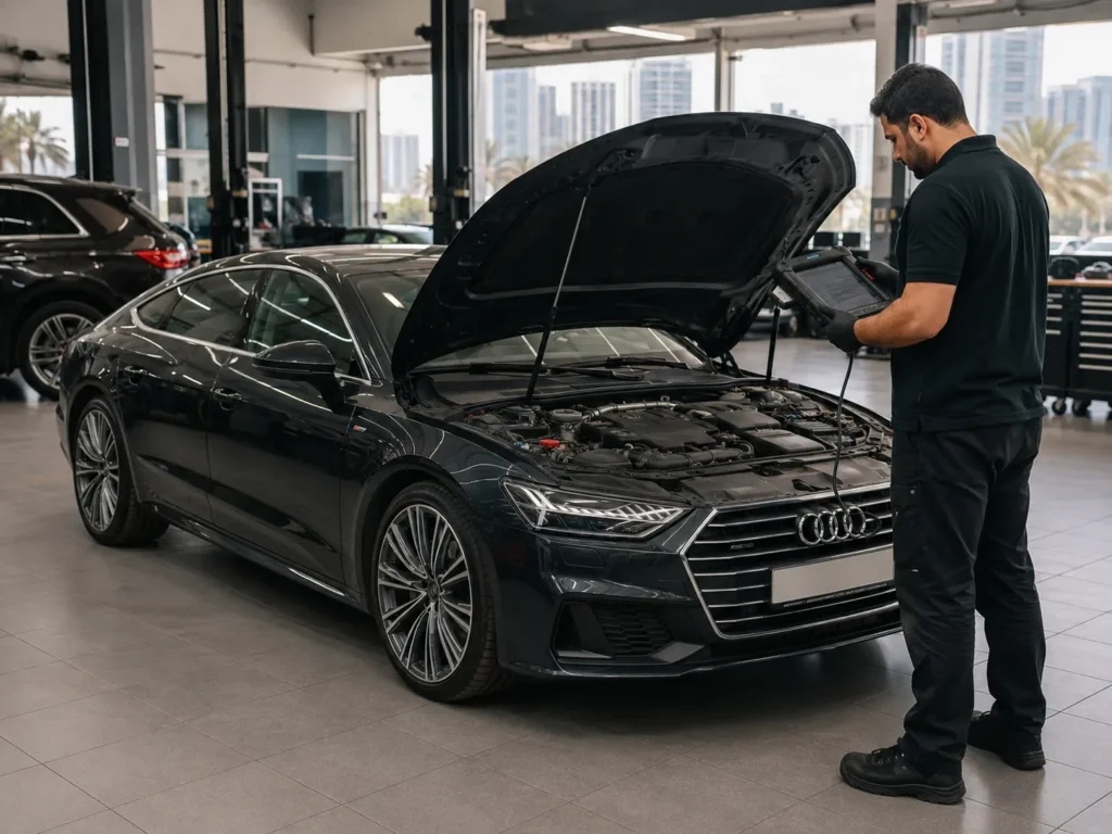 Audi technician diagnosing Audi A7 common problems with a full-system scan in a Dubai garage