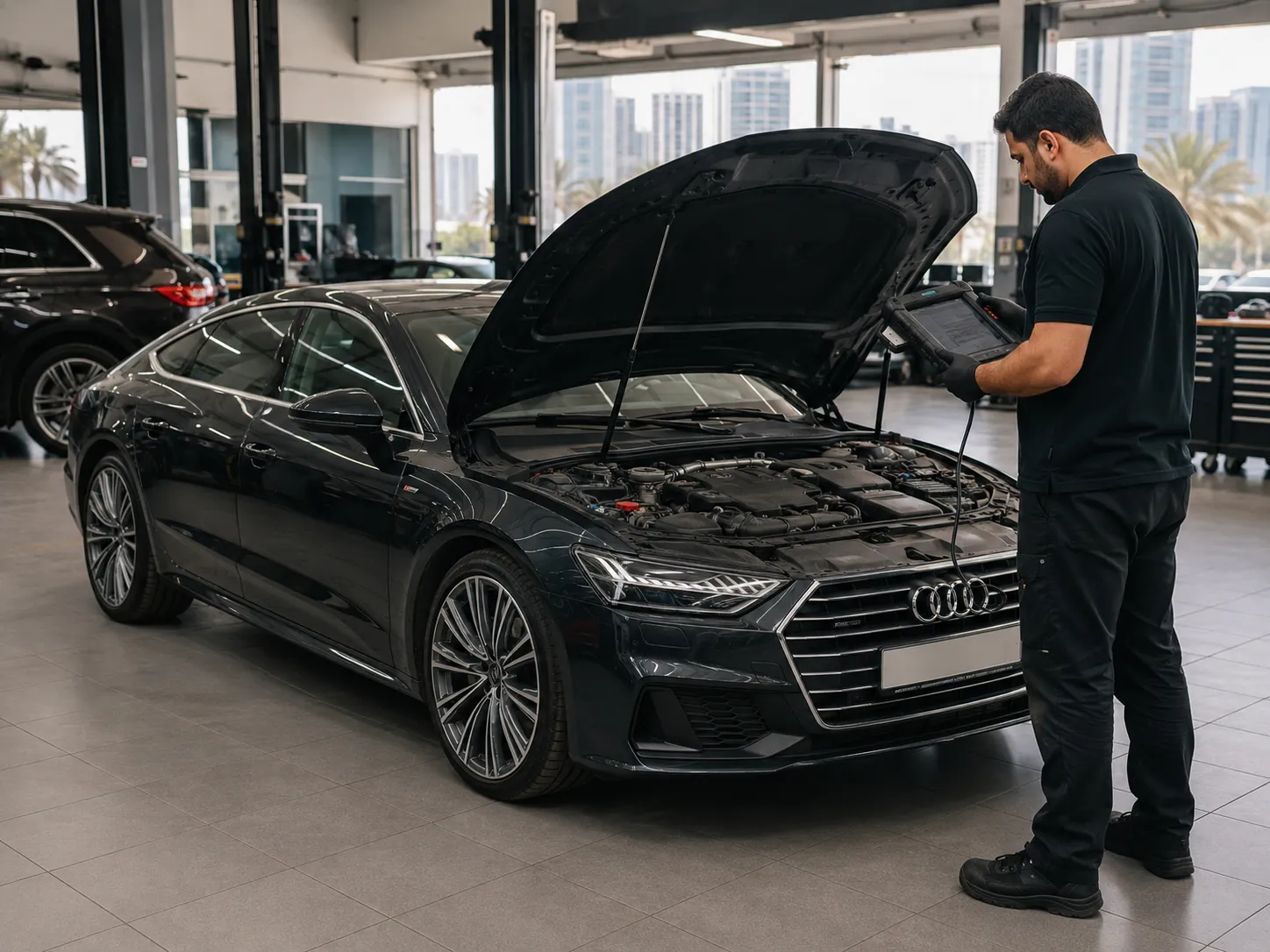 Audi technician diagnosing Audi A7 common problems with a full-system scan in a Dubai garage