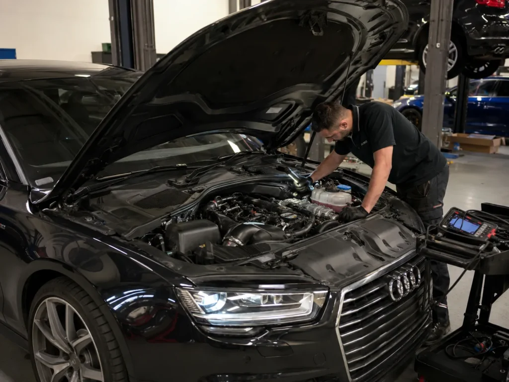 Technician inspecting the Audi A7 engine bay for coolant loss, oil leaks, and reduced power problems