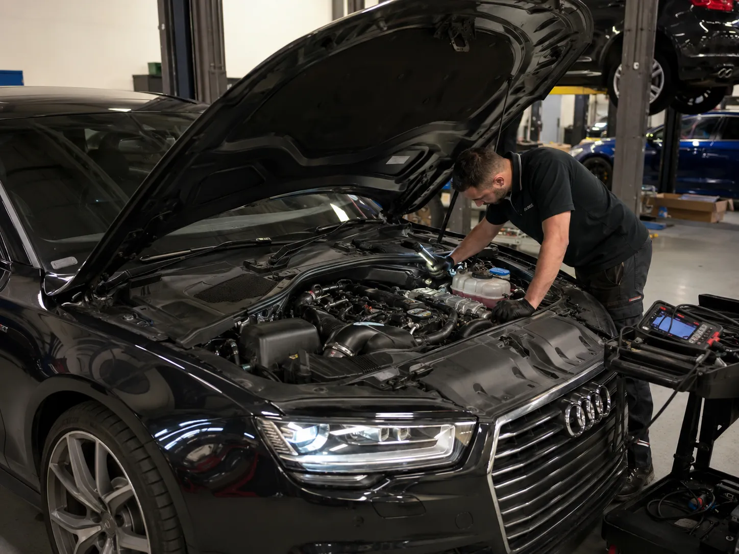 Audi A7 engine and cooling system diagnosis in a Dubai workshop