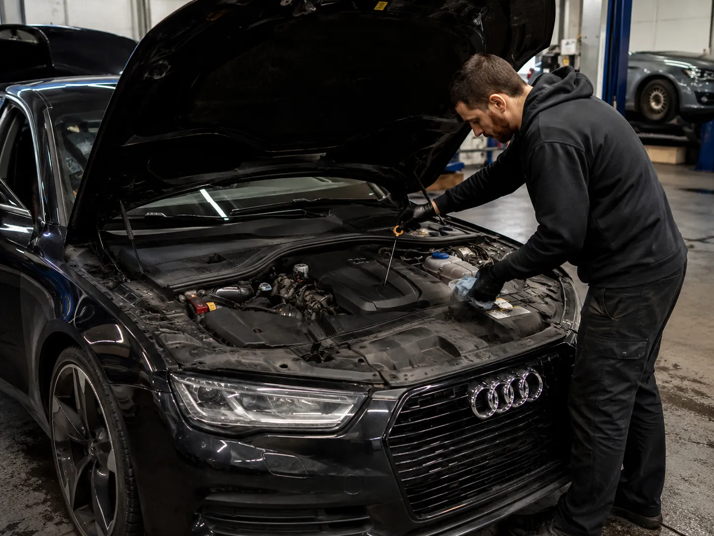 Audi engine bay oil and fluid inspection