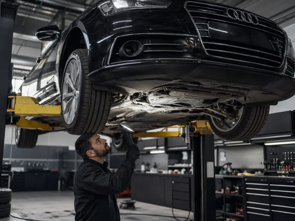 Mechanic inspecting Audi A7 suspension, steering, and drivetrain components while the car is raised on a lift