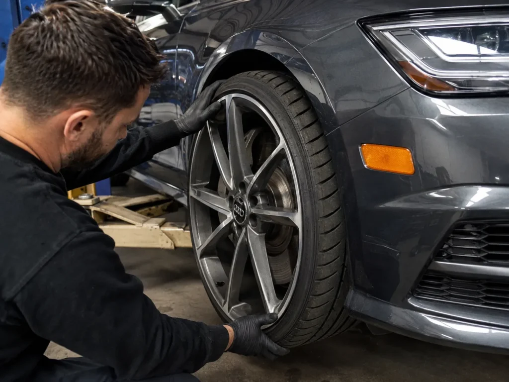 Mechanic checking the tires, wheels, brakes, and suspension on a used Audi A7