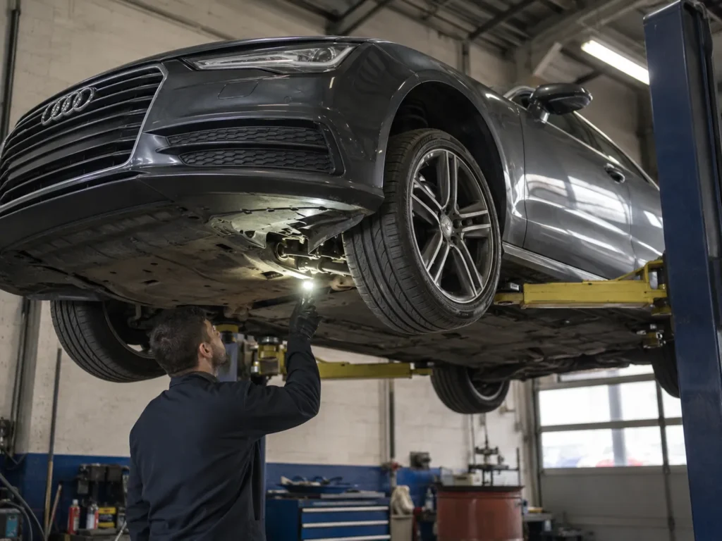 Technician inspecting the Audi A7 underbody, suspension, leaks, and structural condition on a lift