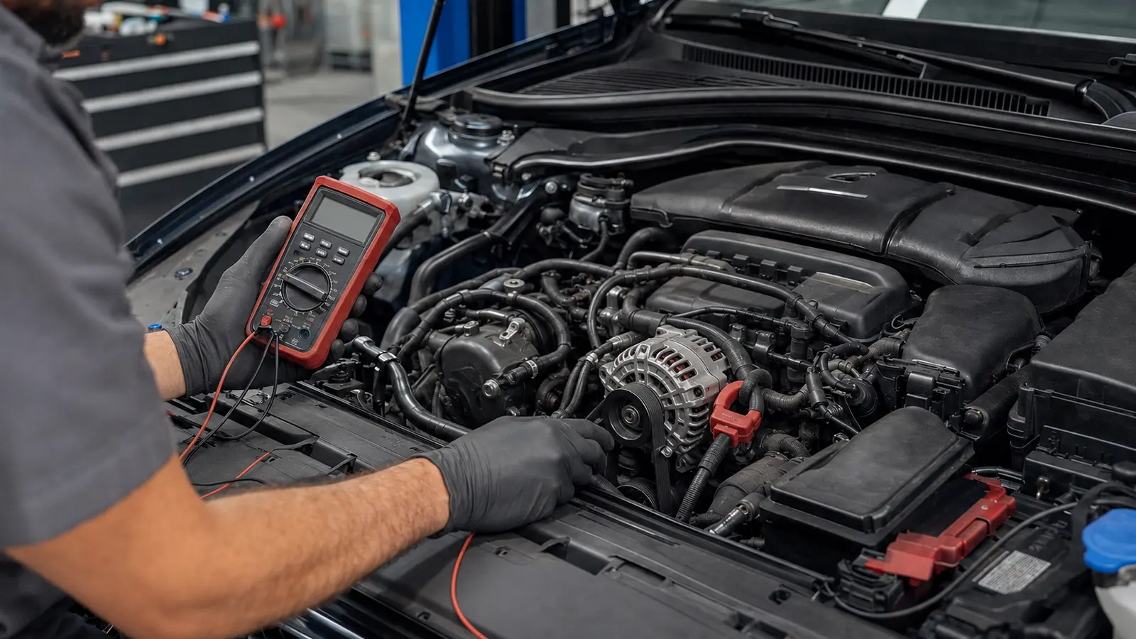 Technician checking a vehicle charging system with a multimeter and current clamp