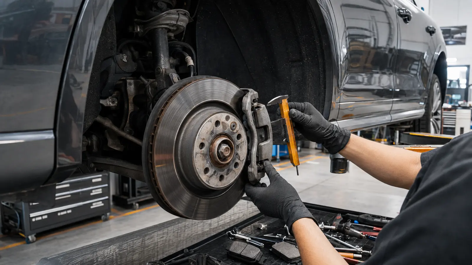 Audi brake pad and disc measurement during workshop inspection in Dubai
