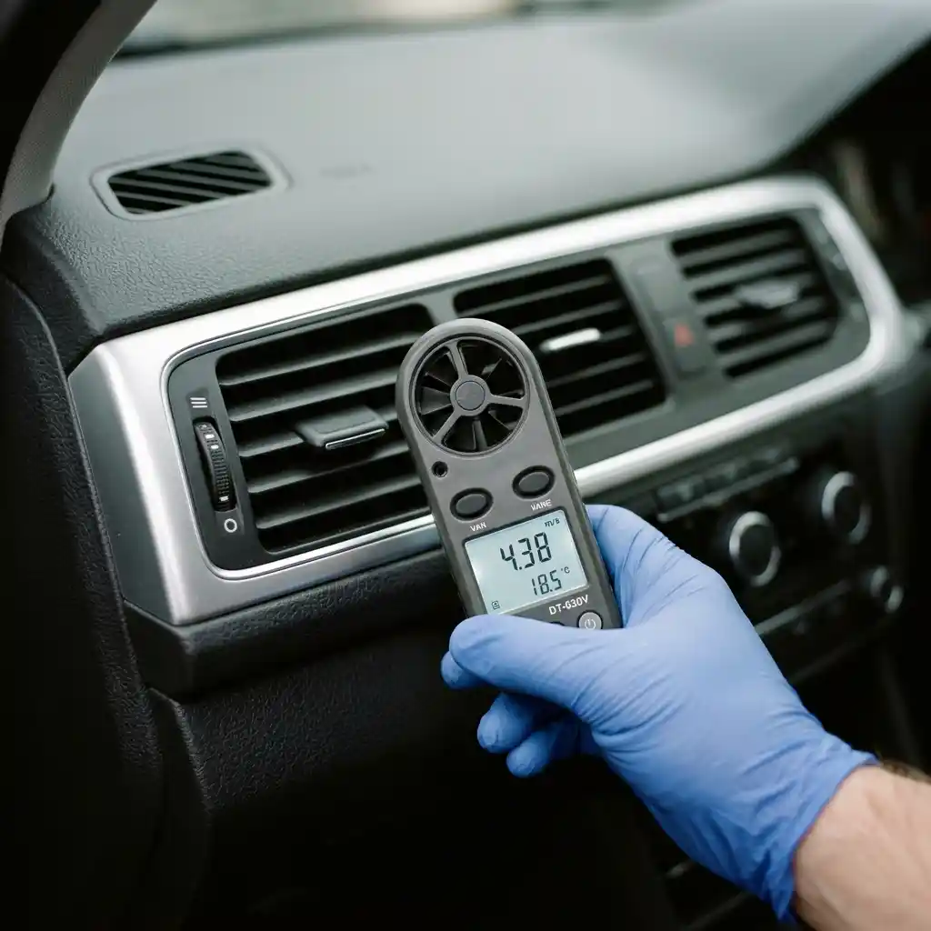 Handheld airflow meter positioned at a dashboard air vent
