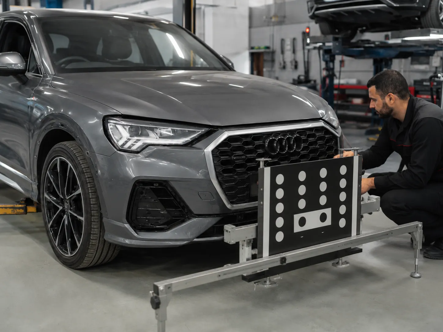 Technician inspecting front bumper, grille, sensor, and panel damage on an Audi SUV