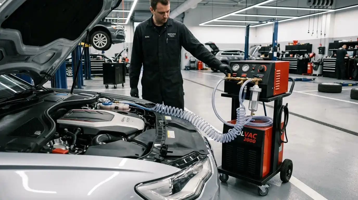 Specialized pneumatic vacuum coolant filler machine connected to an open Audi expansion tank inside a service bay.
