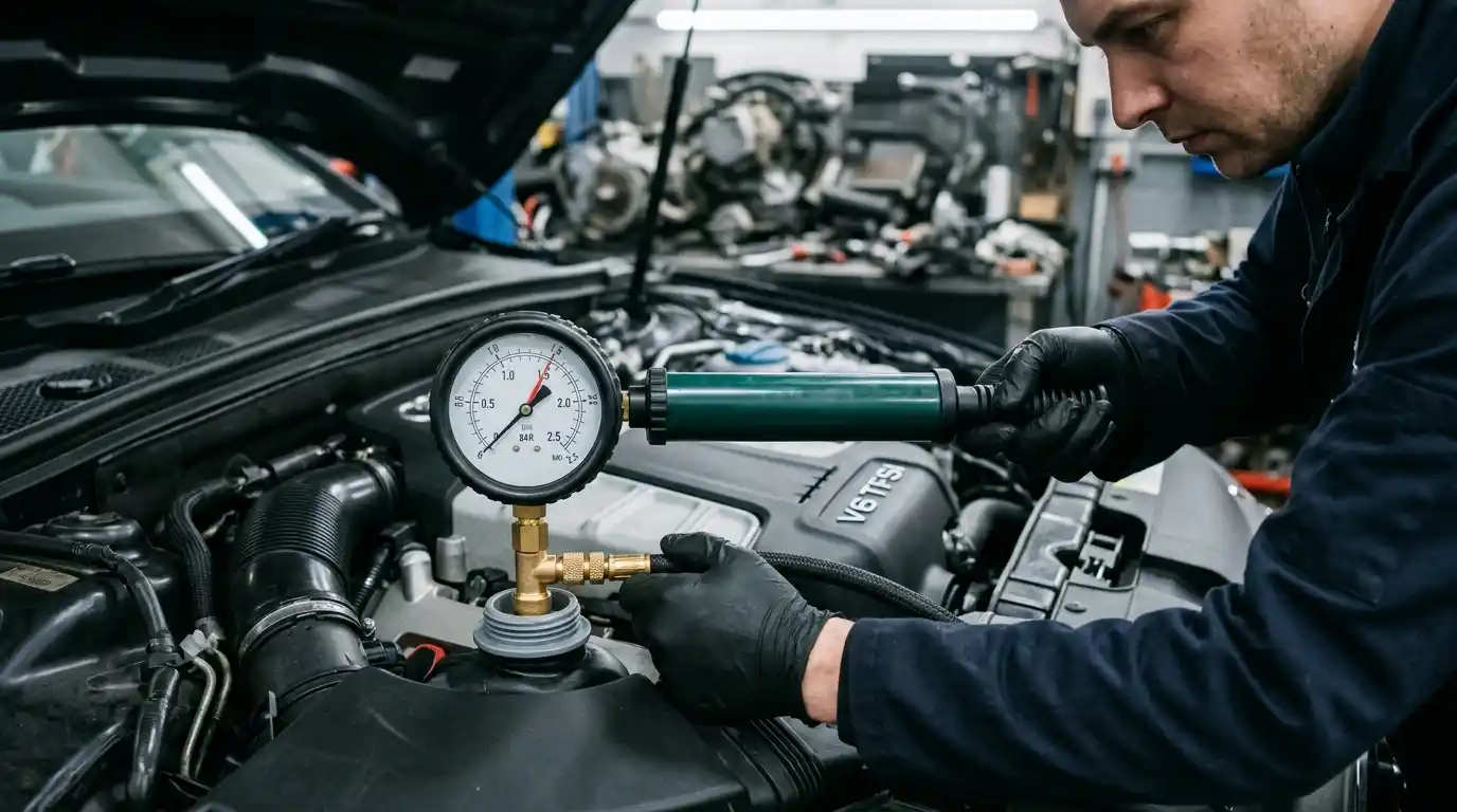 Audi coolant expansion tank and pressure cap assessment