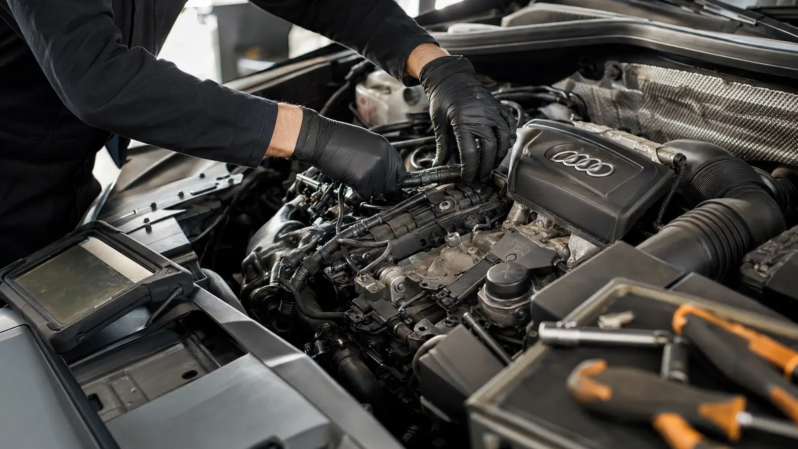 Audi engine inspection for leaks, timing, and misfire faults at a Dubai garage