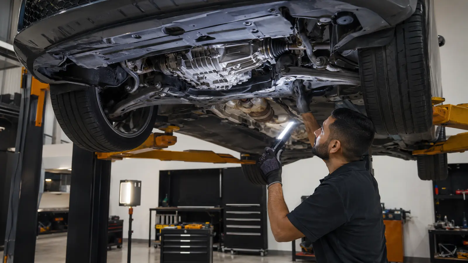 Audi S tronic gearbox and underbody inspection on a lift in Al Quoz, Dubai