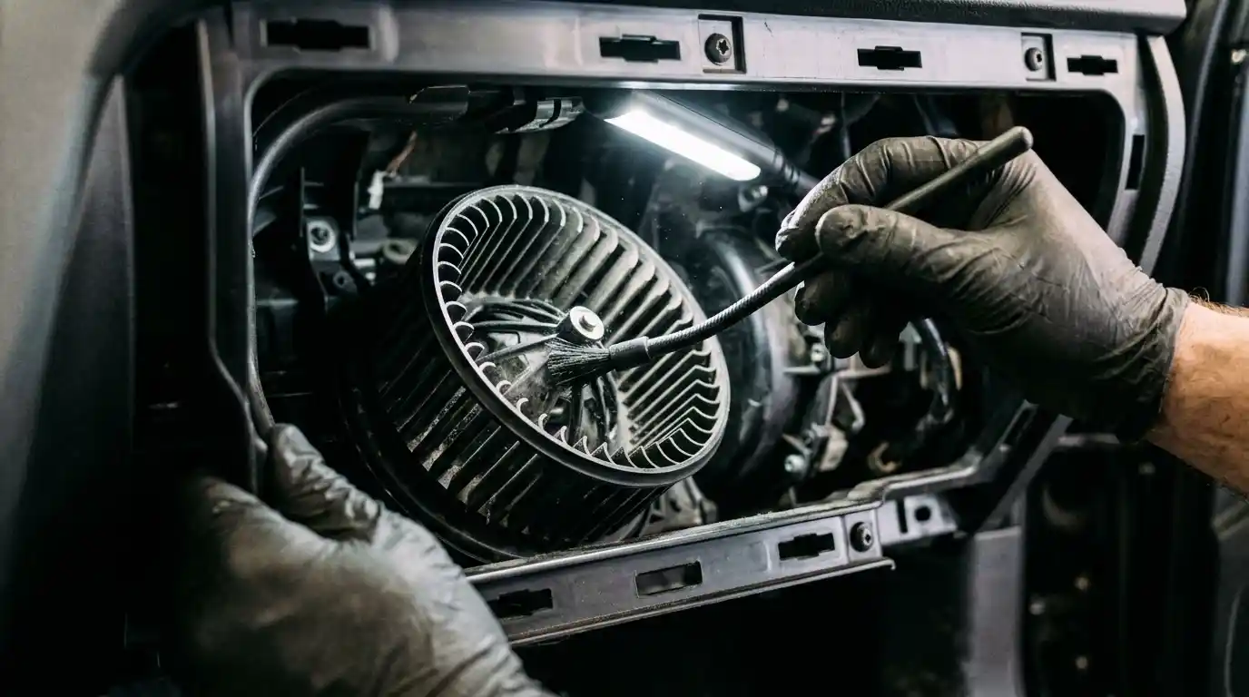 Blower fan wheel shown during inspection behind dashboard trim