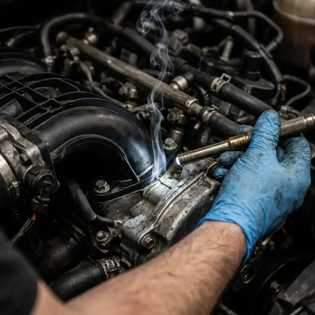 Audi intake smoke test during engine malfunction diagnosis