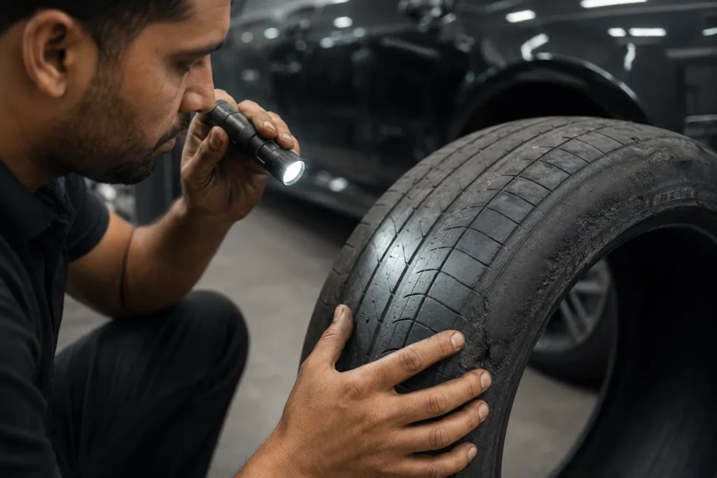 Technician inspecting an Audi tire for uneven wear, cracks, and damage