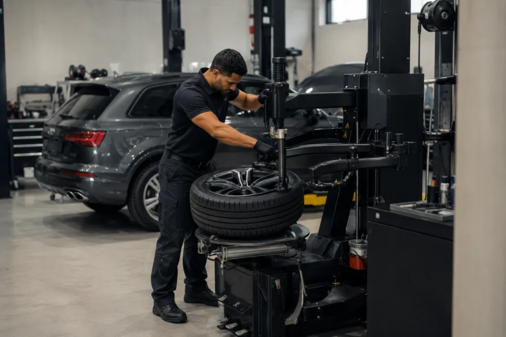 Mechanic fitting a tire onto an Audi alloy wheel using professional equipment