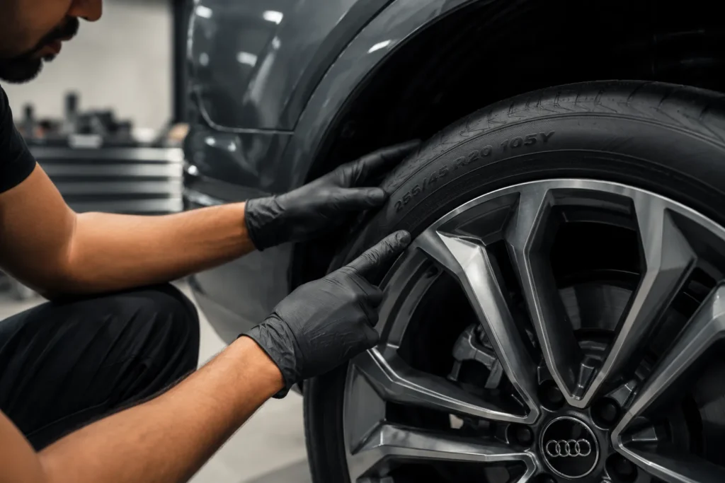 Mechanic reading tire size, load index, and speed rating on an Audi wheel