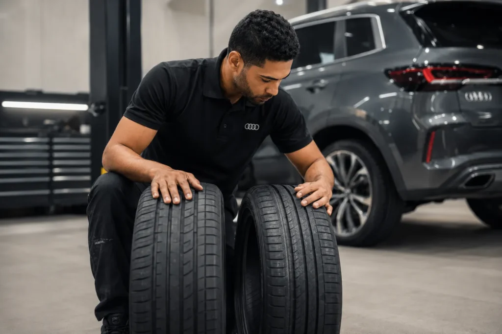 Technician comparing tire tread patterns and condition for an Audi SUV