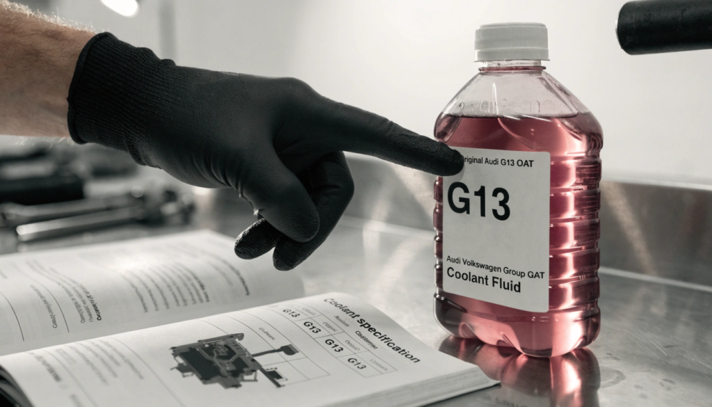 Original Audi G13 OAT coolant bottle beside an owner's manual with the coolant specification page open.