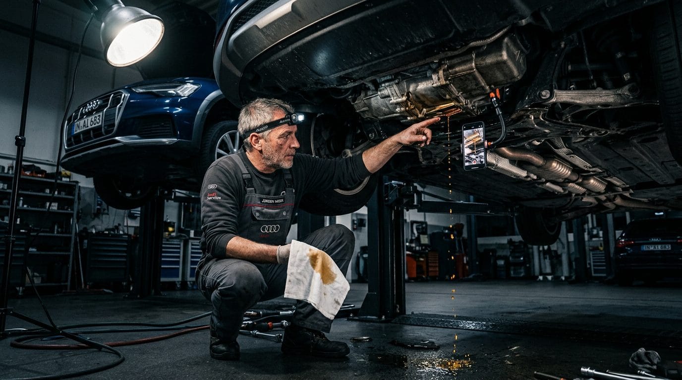 Audi transmission leak inspection beneath vehicle