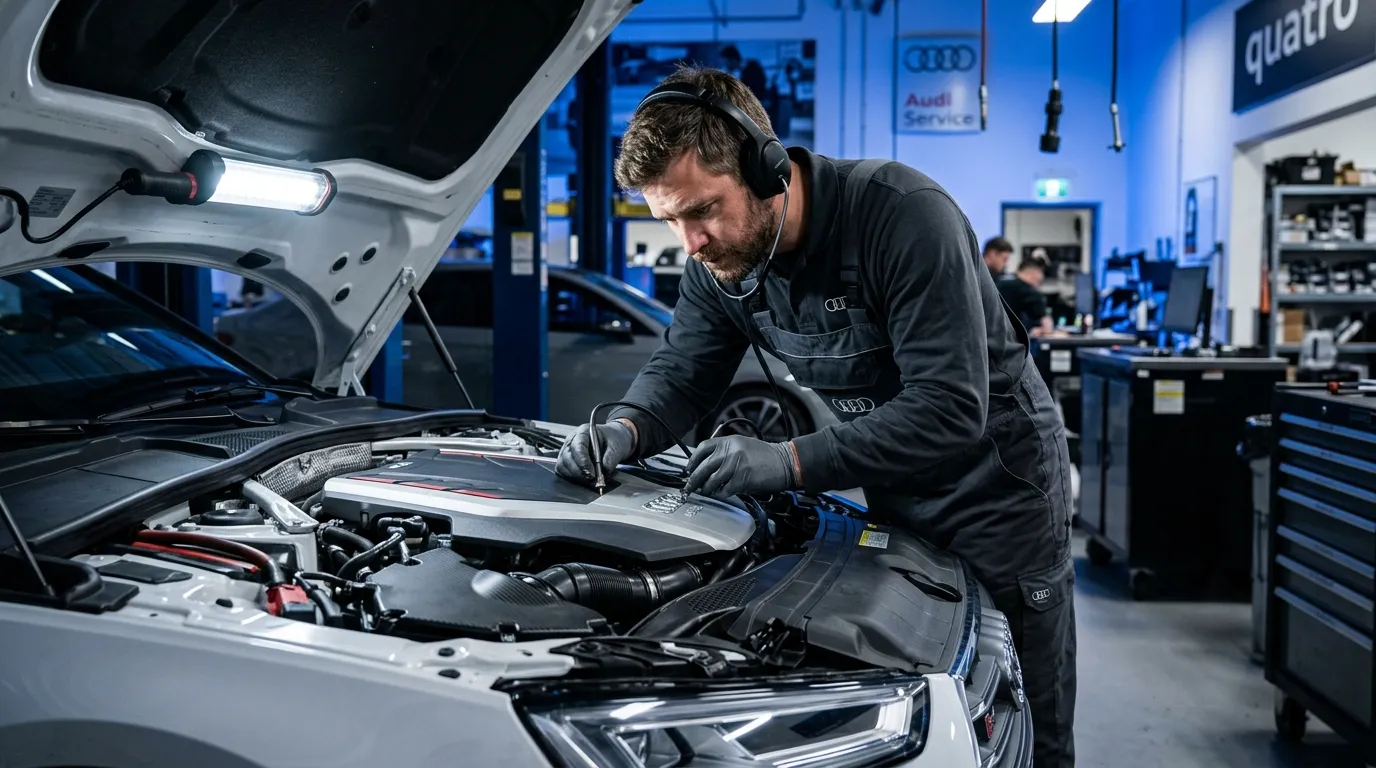 Audi master technician using an acoustic mechanic's stethoscope to diagnose a cold-start timing chain rattle on a white Audi S4, with the engine bay illuminated and the Virtual Cockpit displaying engine RPM.