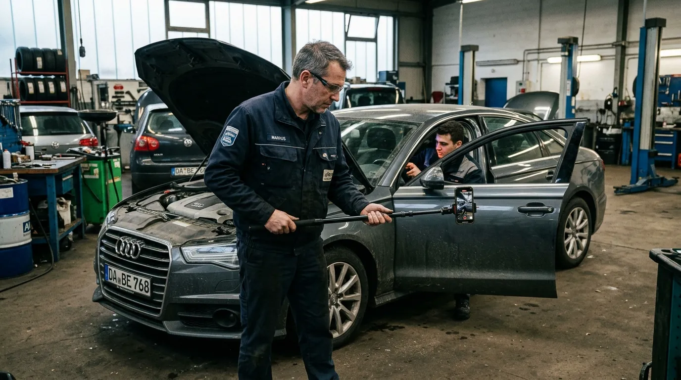 Technician recording the first seconds of a cold start on an Audi while another mechanic starts the engine