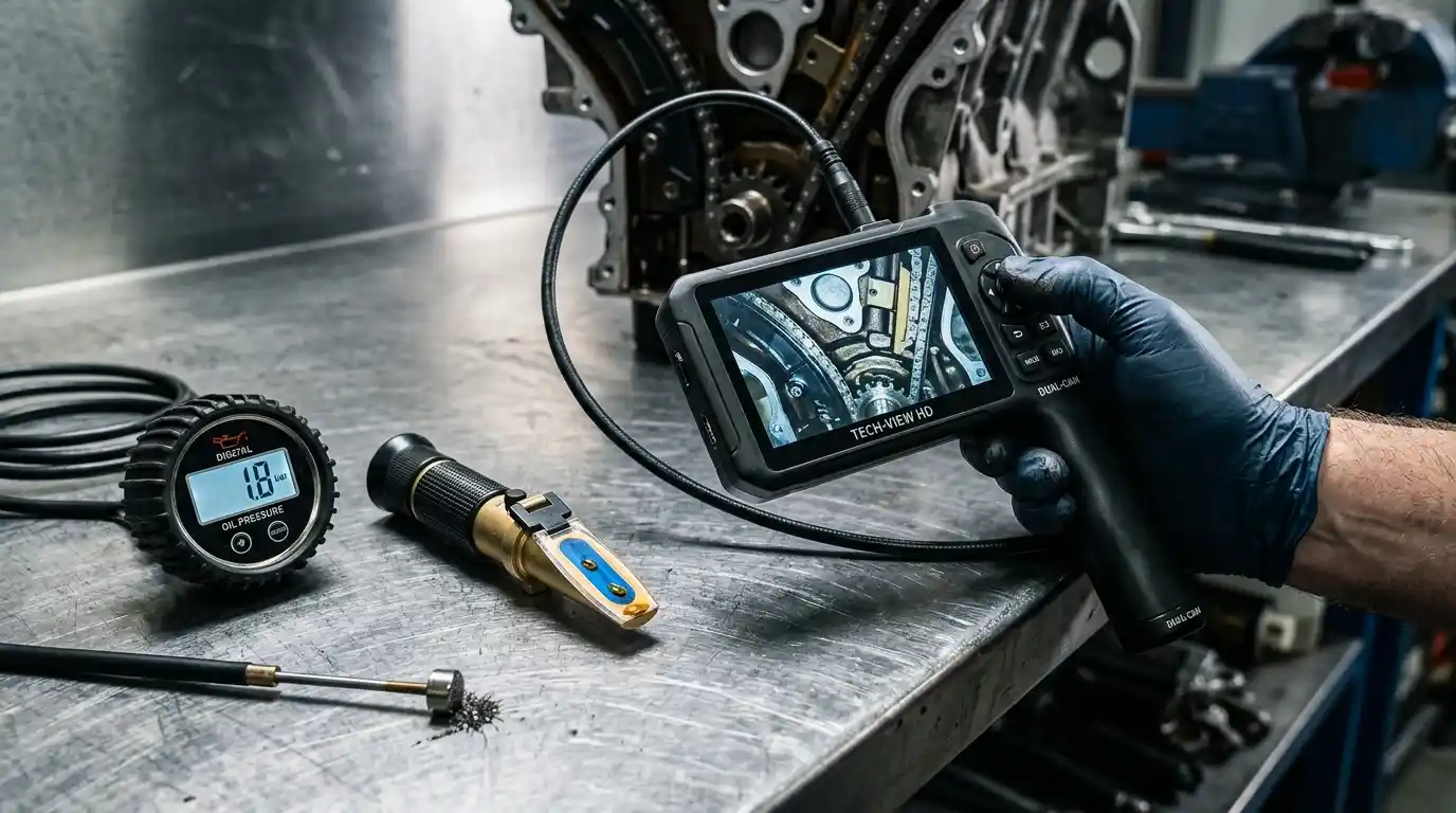 Audi engine diagnostic tools prepared for timing, oil pressure and internal condition checks
