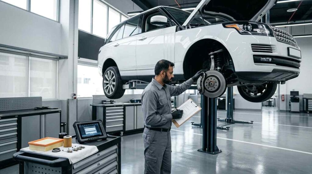 Technician performing a comprehensive scheduled maintenance inspection on a white Audi Q7 raised on a hydraulic lift, with service parts and diagnostic equipment prepared inside a premium Dubai service center.
