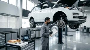 Technician performing a comprehensive scheduled maintenance inspection on a white Audi Q7 raised on a hydraulic lift, with service parts and diagnostic equipment prepared inside a premium Dubai service center.
