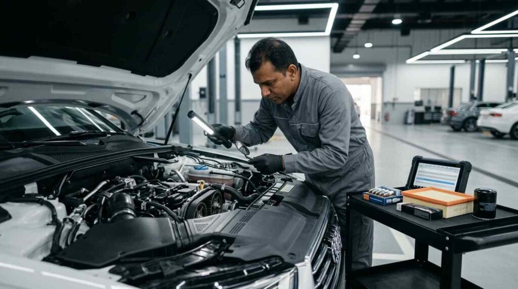 Master technician inspecting critical engine components in a clean Audi Q5 engine bay during a comprehensive high-mileage service inside a premium Dubai workshop, with inspection tools and replacement service parts nearby.