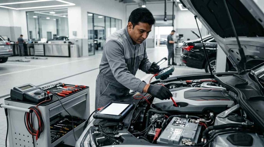 Audi technician measuring brake components, suspension parts, steering, and tire condition during a comprehensive safety inspection inside a premium Dubai automotive workshop.