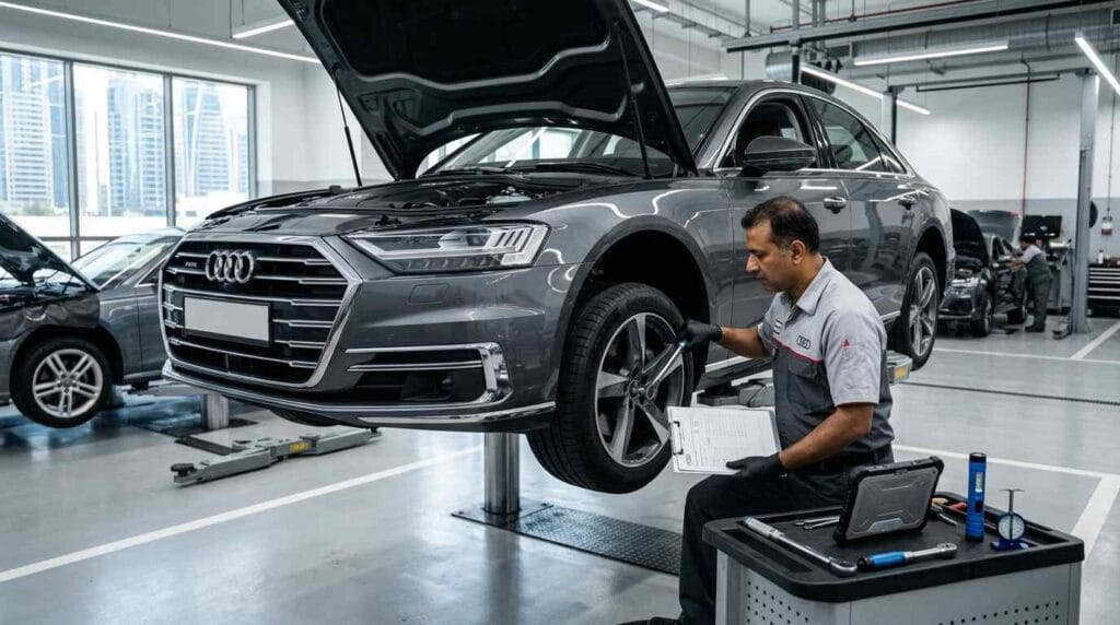Audi master technician performing a final safety inspection on a lifted Audi A6 using a torque wrench and inspection checklist after major scheduled service inside a premium Dubai service center.