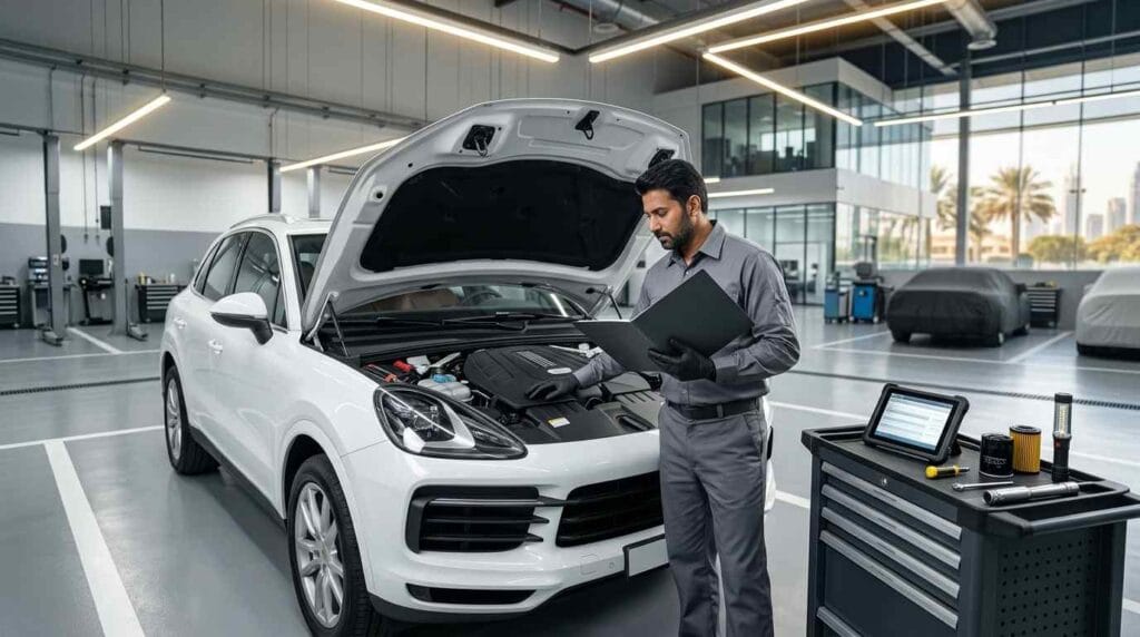 Audi master technician reviewing service history and inspecting a modern Audi Q5 engine bay during a comprehensive condition assessment inside a premium Dubai service center.