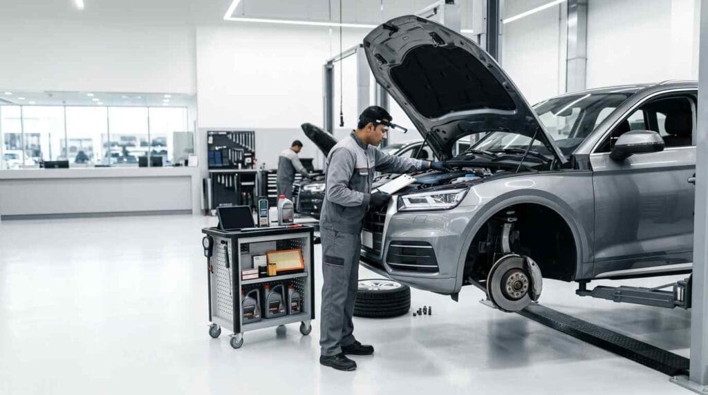 Audi master technician performing a comprehensive scheduled maintenance inspection on a lifted metallic grey Audi Q5 with the engine bay open and key service components prepared inside a premium Dubai service center.