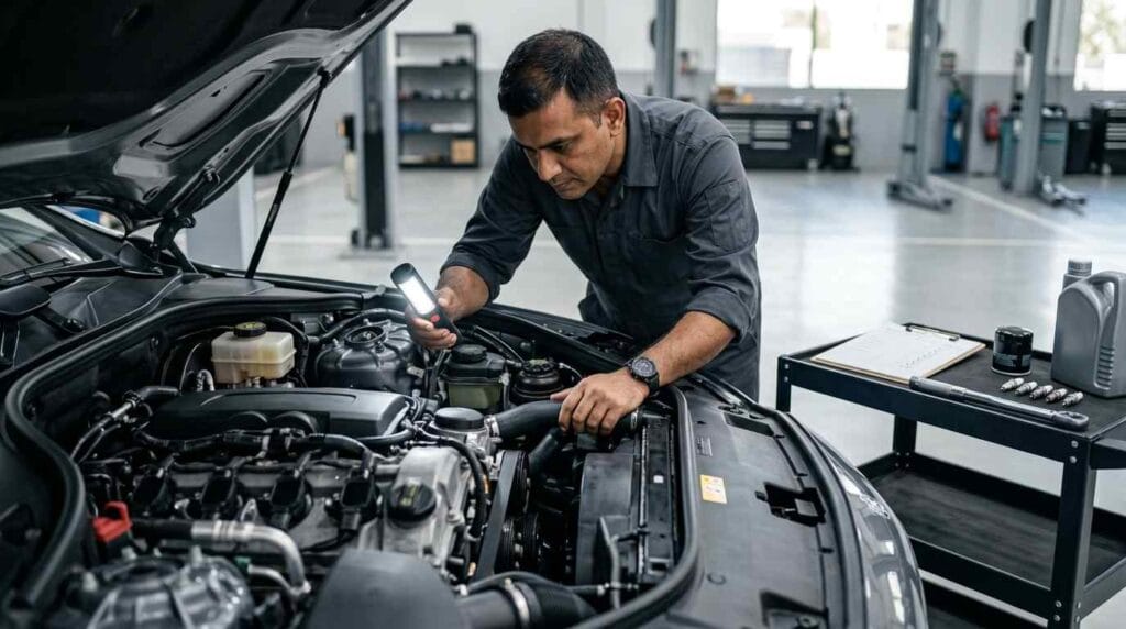 Experienced Audi technician inspecting coolant hoses, ignition coils, belts, and fluid reservoirs in a clean engine bay during a preventive engine health review inside a premium Dubai service workshop.