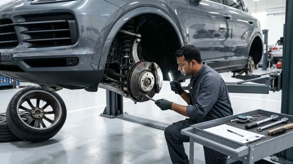 Audi master technician inspecting suspension bushes, ball joints, brake components, CV boot, and wheel condition during a time-based wear assessment inside a premium Dubai service workshop.