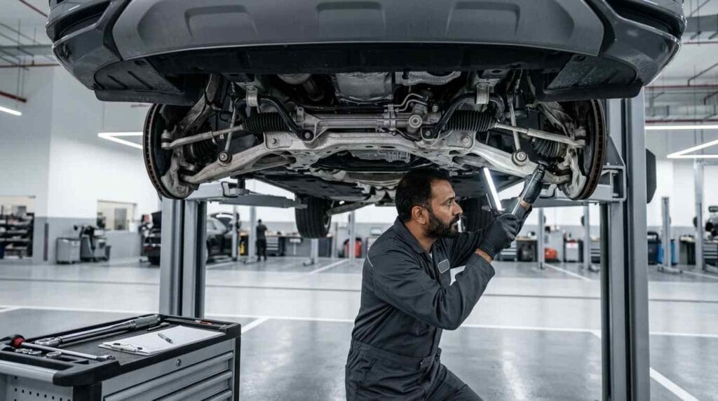 Audi technician inspecting the cooling system, battery condition, and engine bay for fluid leaks during a comprehensive scheduled maintenance inspection inside a premium Dubai service workshop.