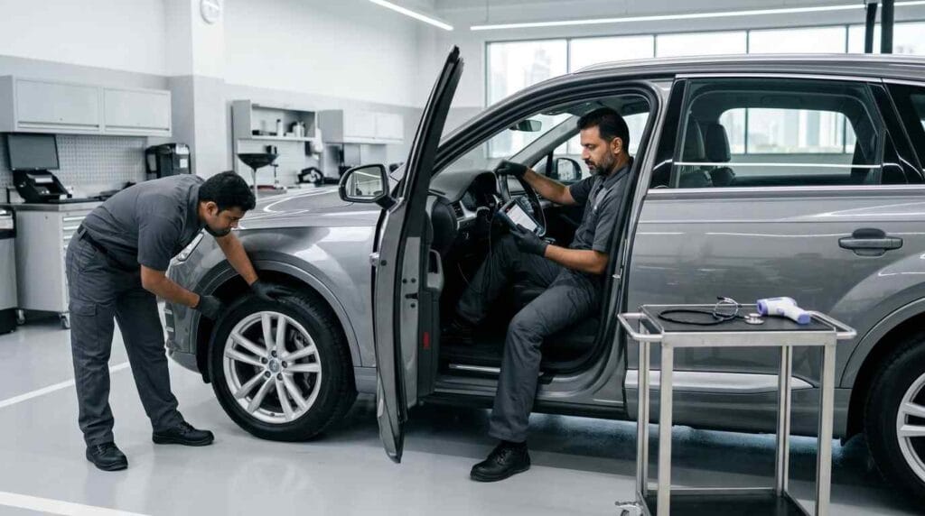 Audi master technician inspecting the brake, suspension, and steering systems of a lifted Audi before scheduled 60,000 KM maintenance to identify unsafe or abnormal wear inside a premium Dubai service workshop.
