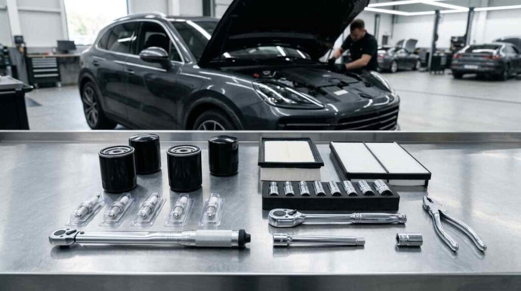 Audi technician performing a comprehensive 30,000 KM scheduled maintenance inspection on a modern Audi with the engine bay open inside a premium Dubai service workshop.