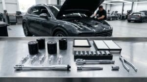 Audi technician performing a comprehensive 30,000 KM scheduled maintenance inspection on a modern Audi with the engine bay open inside a premium Dubai service workshop.