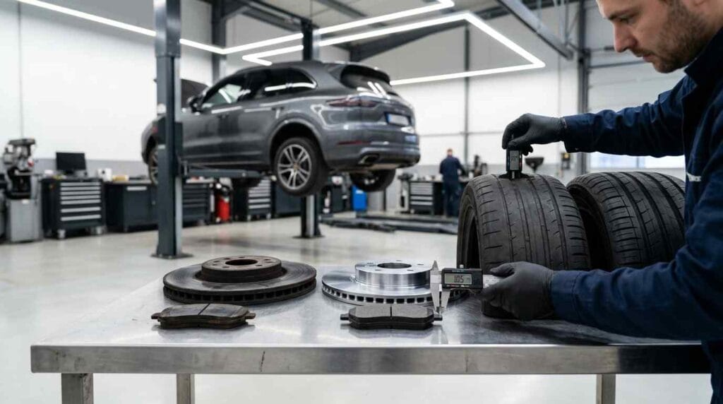 Technician measuring brake pad thickness and tire tread depth while comparing worn and new components during a scheduled vehicle inspection inside a premium Dubai automotive workshop.