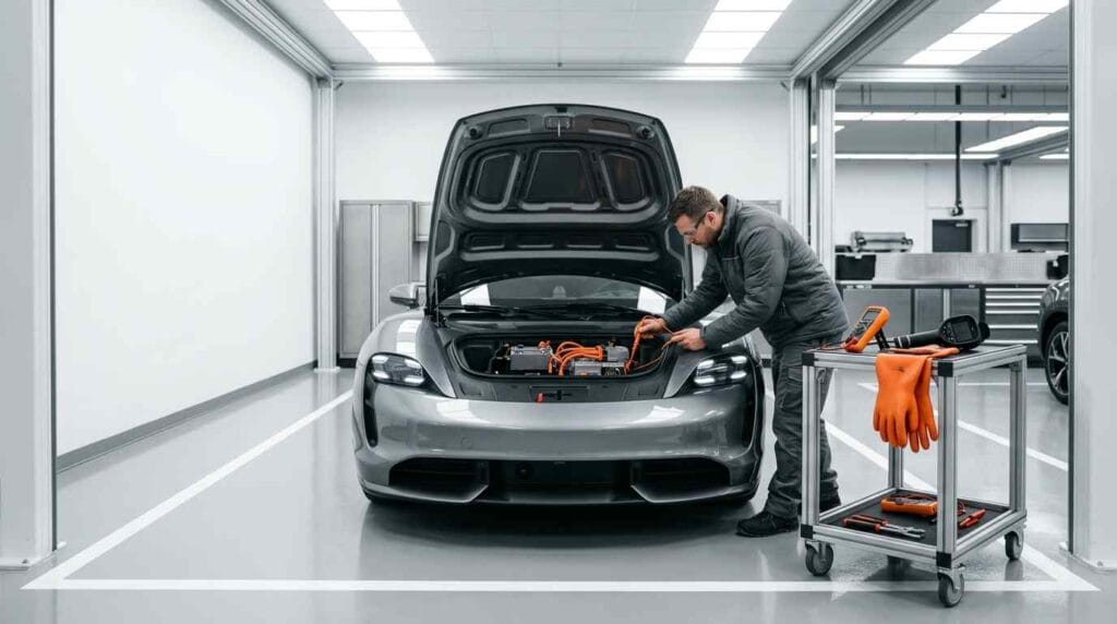 EV-certified technician performing a preventive high-voltage system and electronic inspection on a metallic grey Audi e-tron GT inside a premium Dubai EV service center.