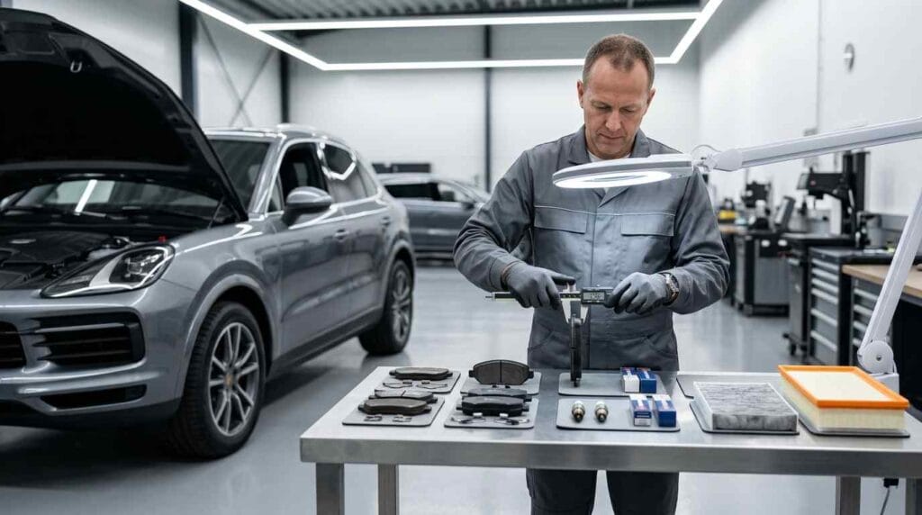 Master technician comparing lightly worn and new service components while measuring brake pad thickness to determine whether replacement is justified during a scheduled inspection in a premium Dubai workshop.
