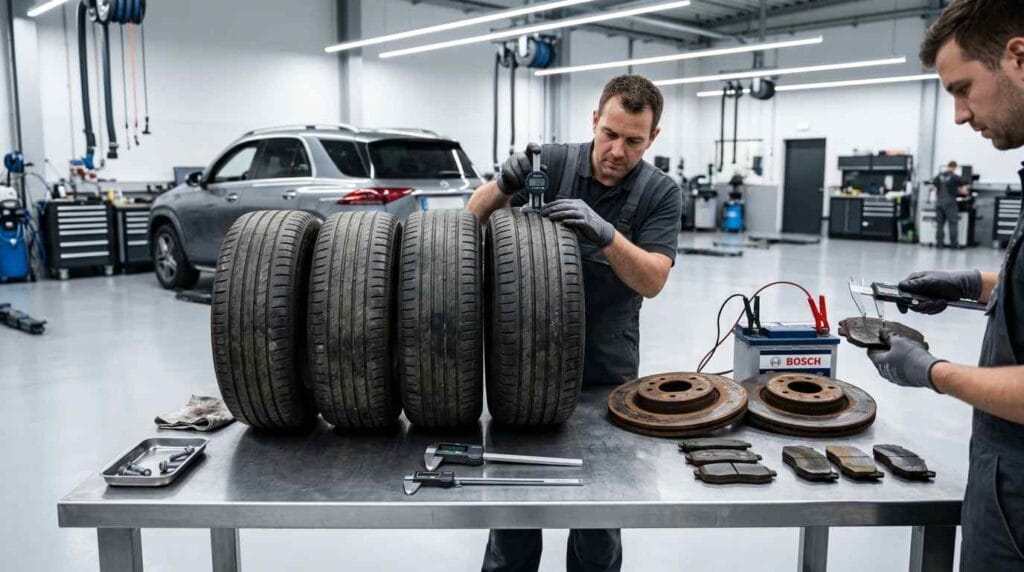 Master technician measuring tire tread depth and brake pad thickness while comparing wear across service components during a scheduled inspection inside a premium Dubai automotive workshop.